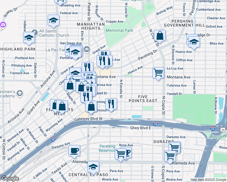 map of restaurants, bars, coffee shops, grocery stores, and more near 3101 Yandell Drive in El Paso