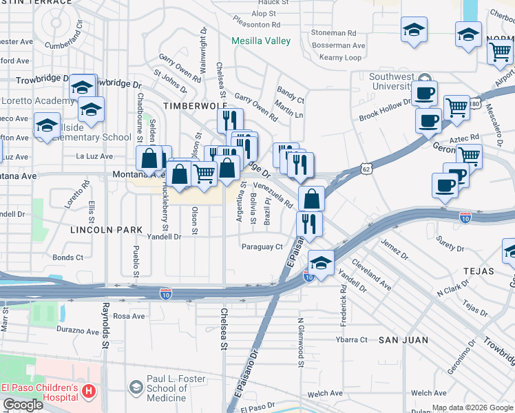 map of restaurants, bars, coffee shops, grocery stores, and more near 900 Bolivia Street in El Paso