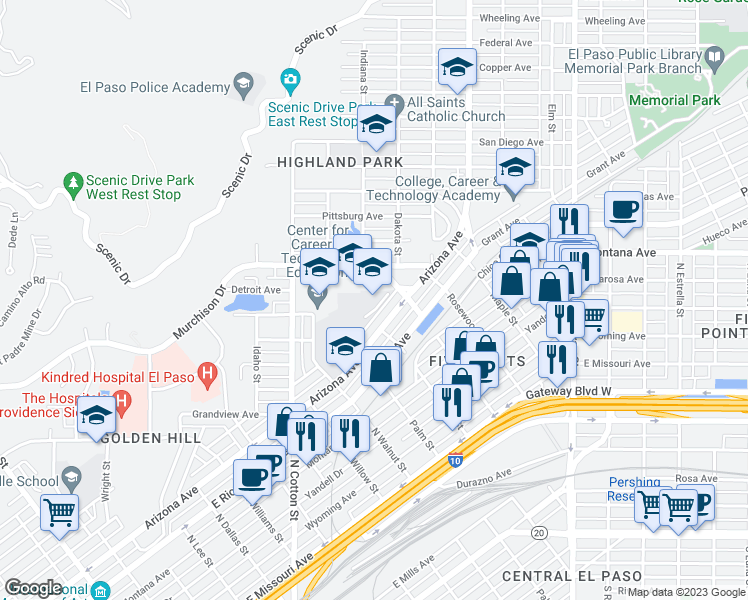 map of restaurants, bars, coffee shops, grocery stores, and more near 2231 Arizona Avenue in El Paso