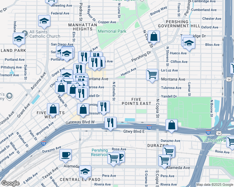 map of restaurants, bars, coffee shops, grocery stores, and more near 3211 Yandell Drive in El Paso