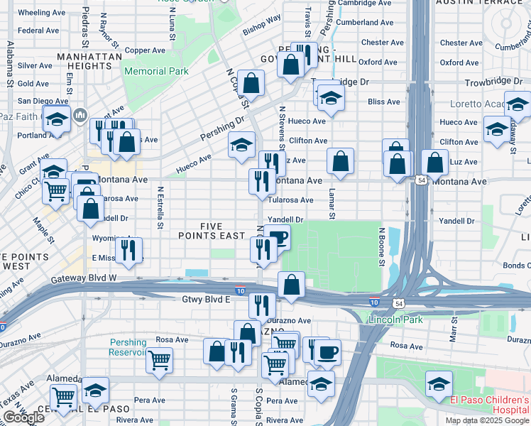 map of restaurants, bars, coffee shops, grocery stores, and more near 804 North Copia Street in El Paso