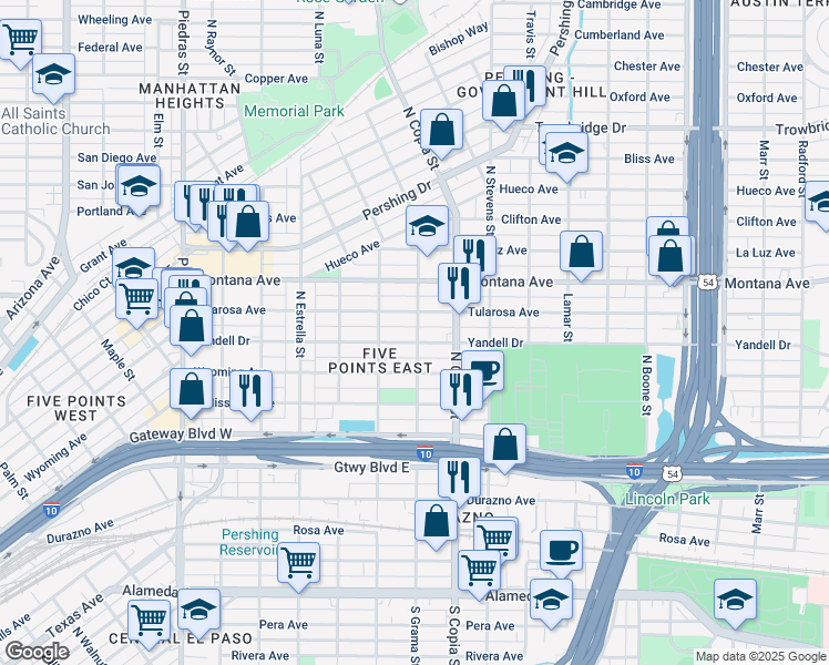 map of restaurants, bars, coffee shops, grocery stores, and more near 3505 Yandell Drive in El Paso