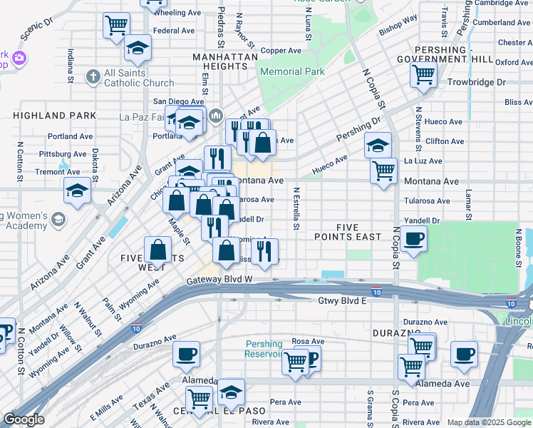 map of restaurants, bars, coffee shops, grocery stores, and more near 3101 Yandell Drive in El Paso