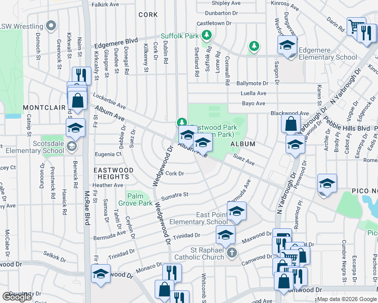 map of restaurants, bars, coffee shops, grocery stores, and more near 10104 Album Avenue in El Paso