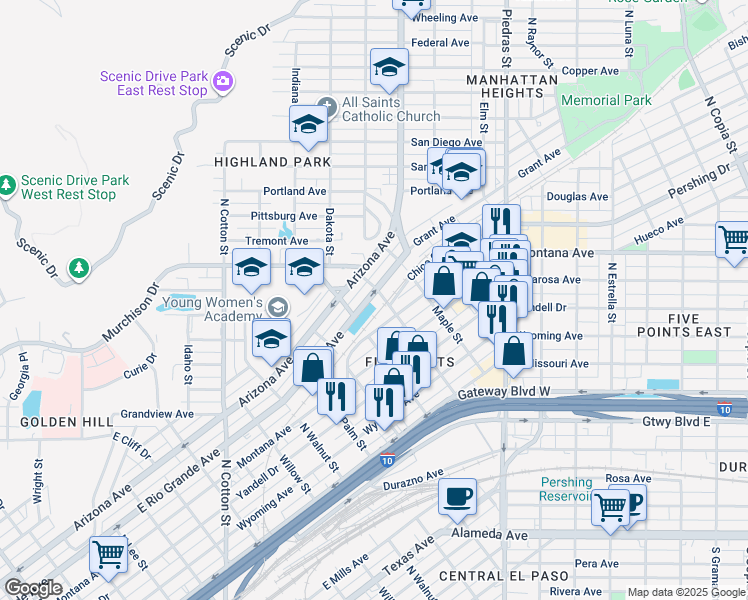 map of restaurants, bars, coffee shops, grocery stores, and more near 2526 Grant Avenue in El Paso