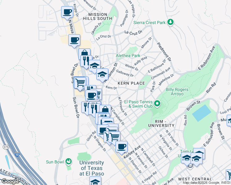 map of restaurants, bars, coffee shops, grocery stores, and more near 3005 North Florence Street in El Paso
