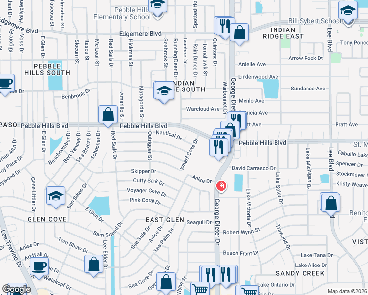 map of restaurants, bars, coffee shops, grocery stores, and more near 11213 Ebb Tide Dr in El Paso
