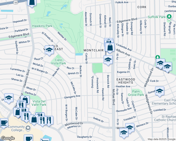 map of restaurants, bars, coffee shops, grocery stores, and more near 2912 Catnip Street in El Paso