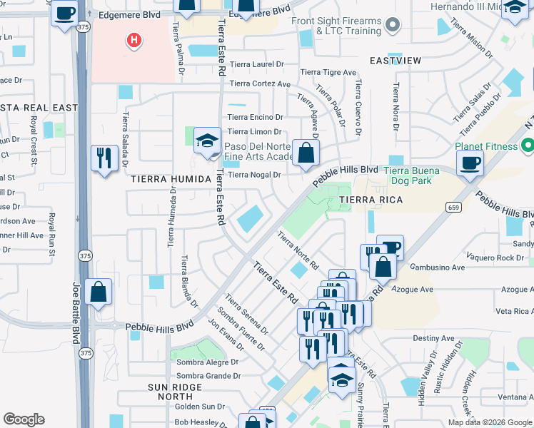 map of restaurants, bars, coffee shops, grocery stores, and more near 12494 Tierra Bella Drive in El Paso
