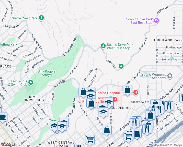 map of restaurants, bars, coffee shops, grocery stores, and more near 1436 Camino Alto Road in El Paso
