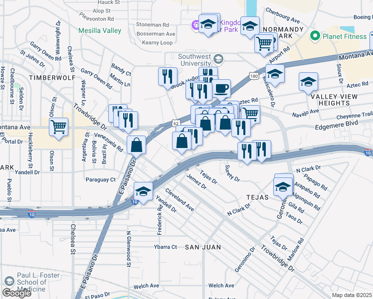 map of restaurants, bars, coffee shops, grocery stores, and more near 5959 Gateway Boulevard West in El Paso
