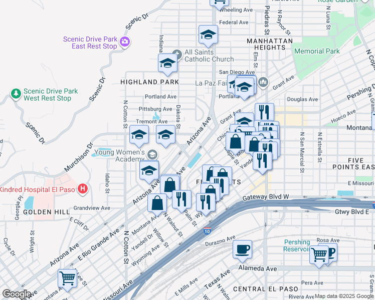 map of restaurants, bars, coffee shops, grocery stores, and more near 2508 Arizona Avenue in El Paso