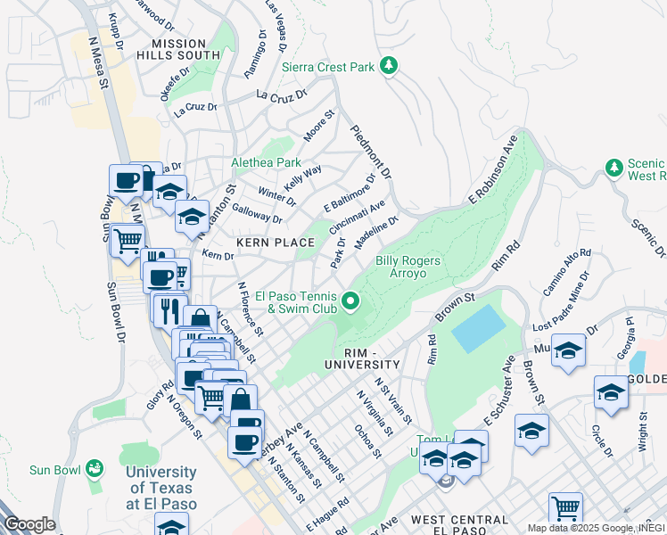 map of restaurants, bars, coffee shops, grocery stores, and more near 915 Park Drive in El Paso