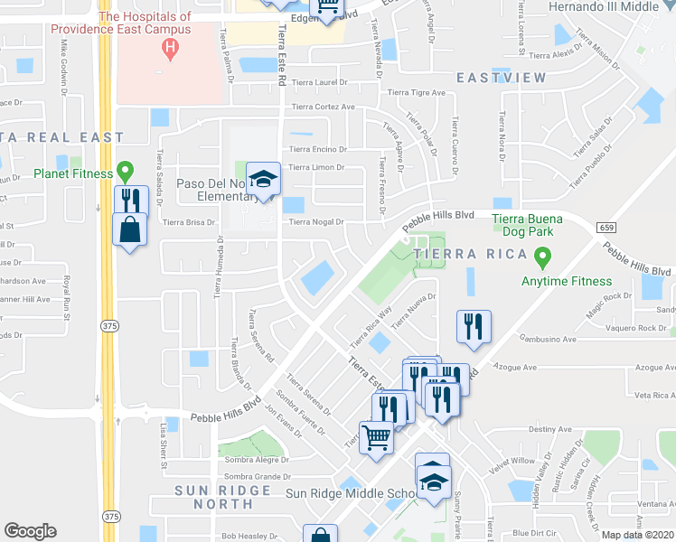 map of restaurants, bars, coffee shops, grocery stores, and more near 12494 Tierra Bella Drive in El Paso