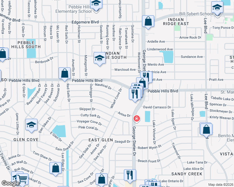 map of restaurants, bars, coffee shops, grocery stores, and more near 11213 Ebb Tide Drive in El Paso