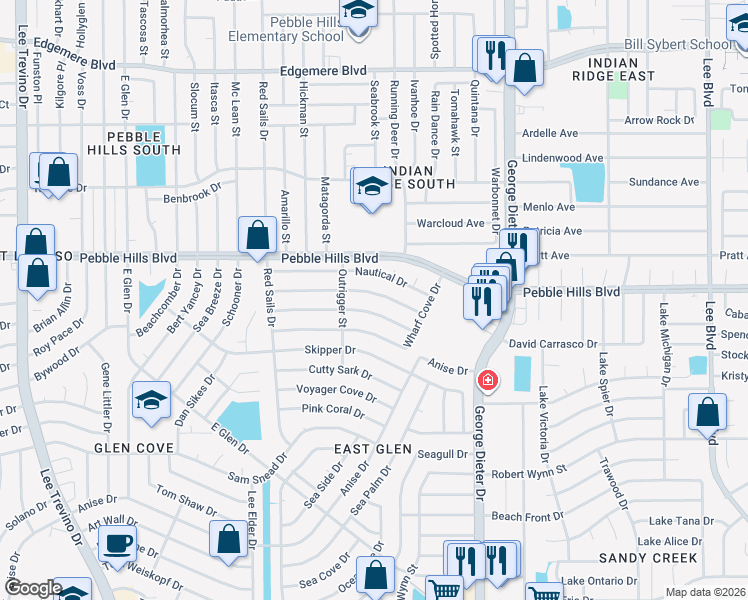map of restaurants, bars, coffee shops, grocery stores, and more near 11180 Ebb Tide Drive in El Paso