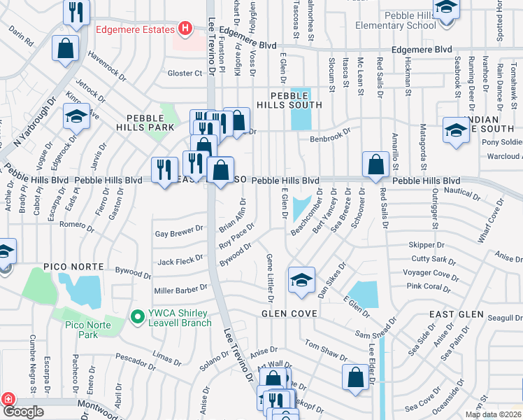 map of restaurants, bars, coffee shops, grocery stores, and more near 2916 Roy Pace Drive in El Paso