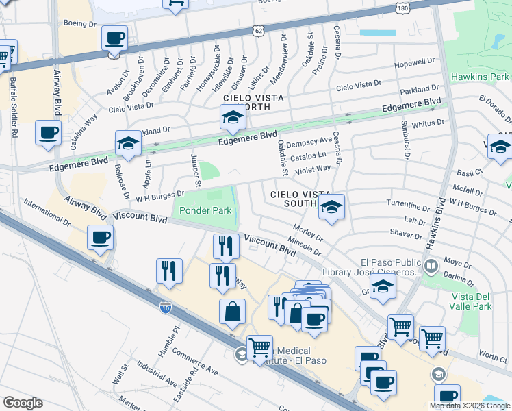 map of restaurants, bars, coffee shops, grocery stores, and more near 7925 Morley Drive in El Paso
