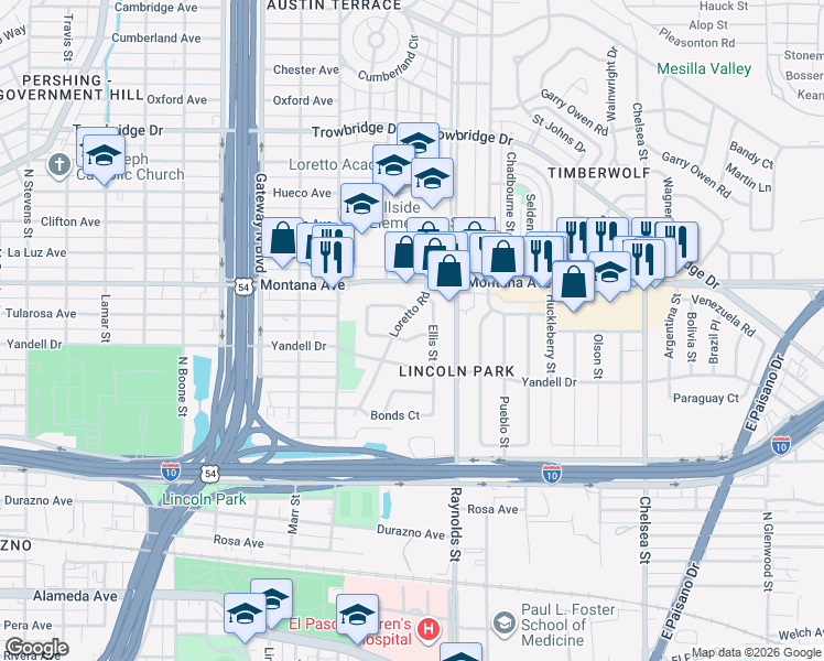 map of restaurants, bars, coffee shops, grocery stores, and more near 901 Ellis Street in El Paso