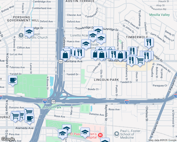 map of restaurants, bars, coffee shops, grocery stores, and more near 4619 Driver Circle in El Paso