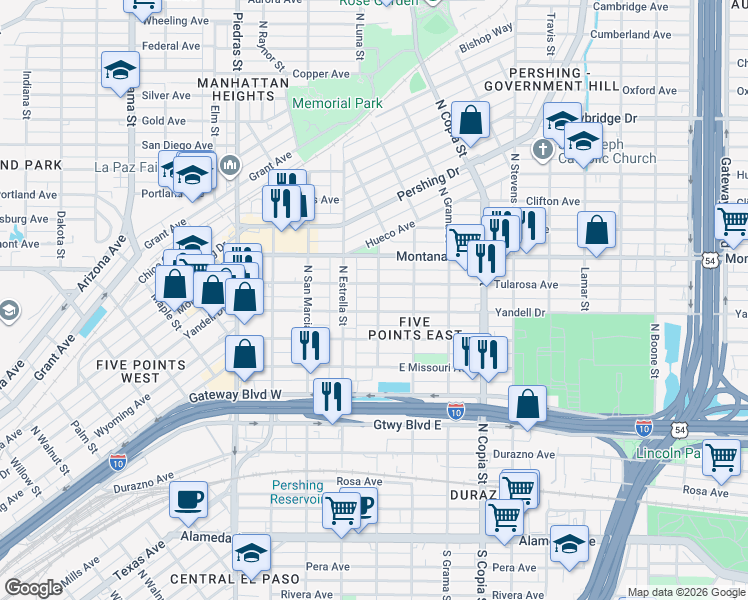 map of restaurants, bars, coffee shops, grocery stores, and more near 3305 Yandell Drive in El Paso