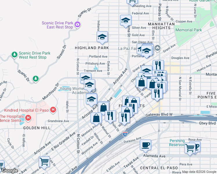 map of restaurants, bars, coffee shops, grocery stores, and more near 2508 Arizona Avenue in El Paso