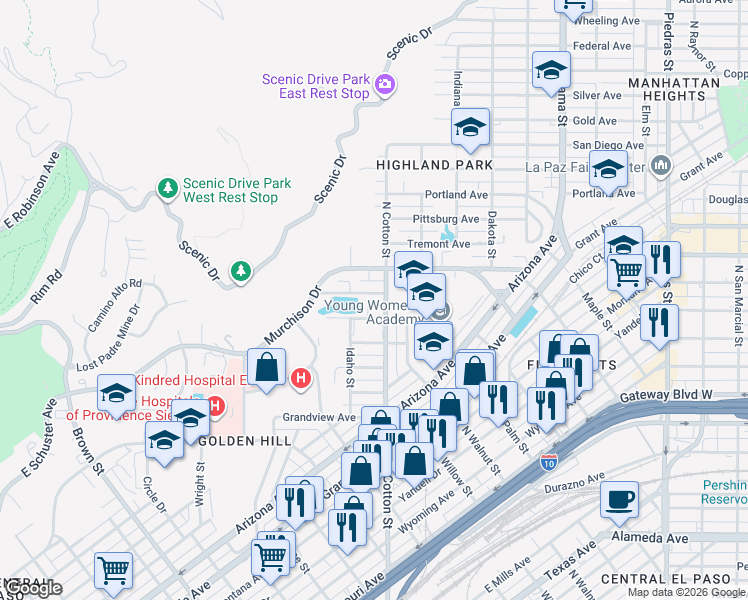 map of restaurants, bars, coffee shops, grocery stores, and more near 2004 Detroit Avenue in El Paso