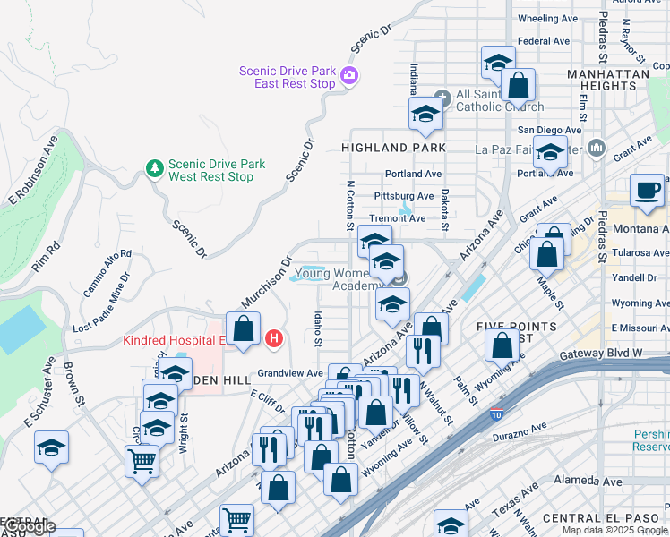 map of restaurants, bars, coffee shops, grocery stores, and more near 2004 Detroit Avenue in El Paso