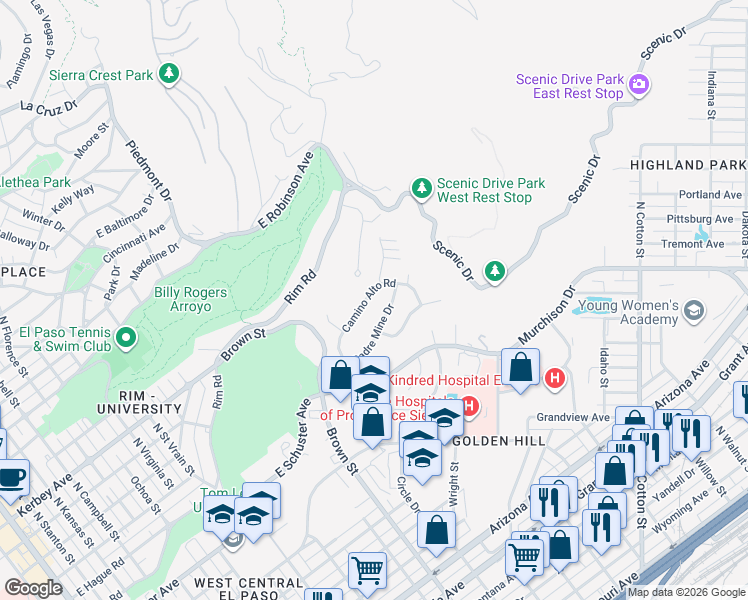 map of restaurants, bars, coffee shops, grocery stores, and more near 1436 Camino Alto Road in El Paso