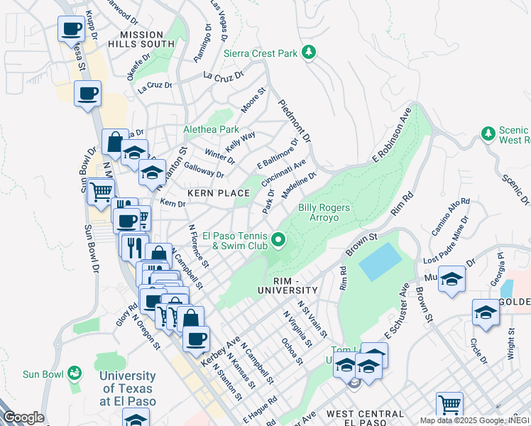 map of restaurants, bars, coffee shops, grocery stores, and more near 915 Park Drive in El Paso