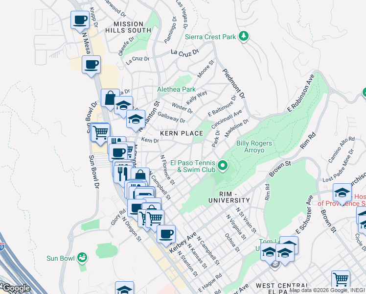 map of restaurants, bars, coffee shops, grocery stores, and more near 814 Mississippi Avenue in El Paso