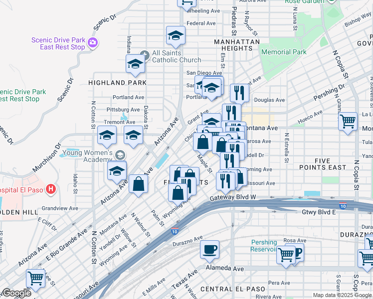 map of restaurants, bars, coffee shops, grocery stores, and more near 2621 Pershing Drive in El Paso
