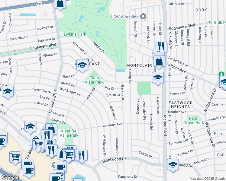 map of restaurants, bars, coffee shops, grocery stores, and more near 9212 Rex Court in El Paso