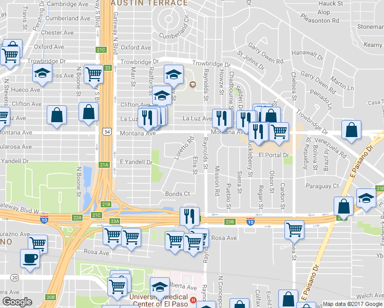 map of restaurants, bars, coffee shops, grocery stores, and more near 901 Ellis Street in El Paso