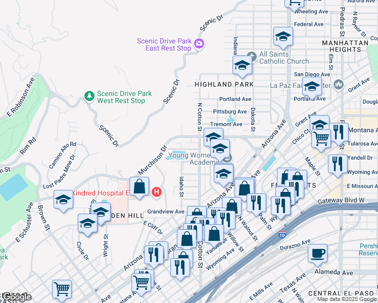 map of restaurants, bars, coffee shops, grocery stores, and more near 2004 Detroit Avenue in El Paso