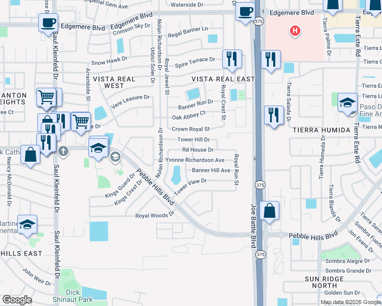 map of restaurants, bars, coffee shops, grocery stores, and more near 12137 Yvonne Richardson Avenue in El Paso