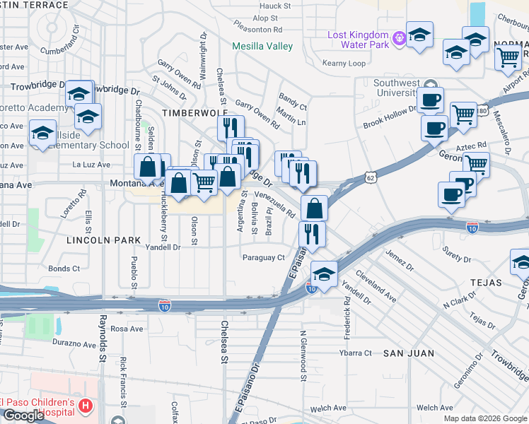 map of restaurants, bars, coffee shops, grocery stores, and more near 900 Bolivia Street in El Paso