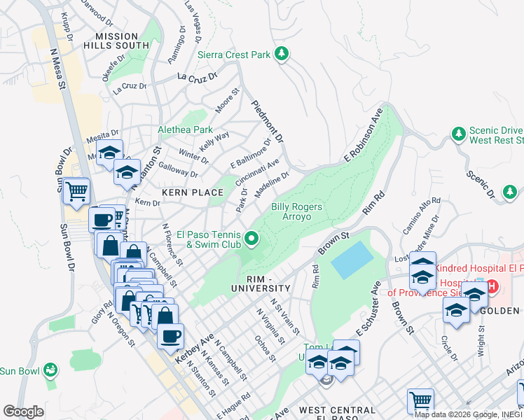 map of restaurants, bars, coffee shops, grocery stores, and more near 1011 East Robinson Avenue in El Paso