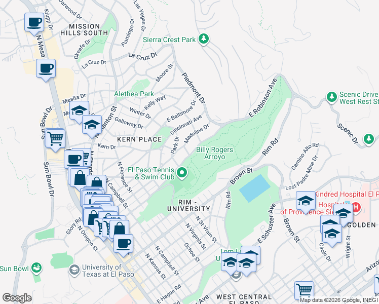 map of restaurants, bars, coffee shops, grocery stores, and more near 1011 East Robinson Avenue in El Paso