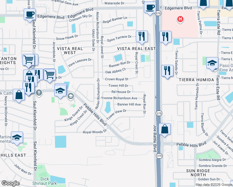 map of restaurants, bars, coffee shops, grocery stores, and more near 12137 Yvonne Richardson Avenue in El Paso