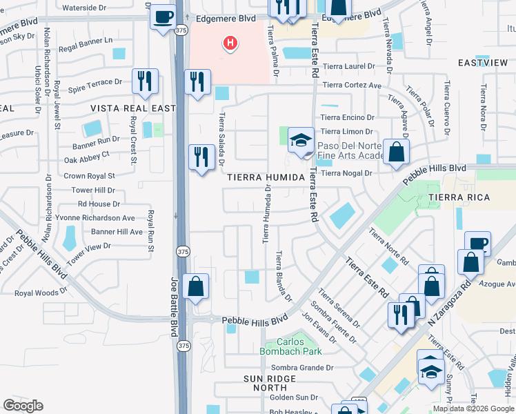 map of restaurants, bars, coffee shops, grocery stores, and more near 2404 Tierra Gris Way in El Paso