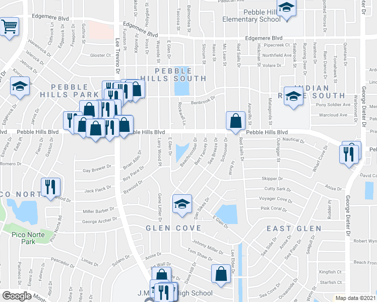map of restaurants, bars, coffee shops, grocery stores, and more near 2901 Beachcomber Drive in El Paso