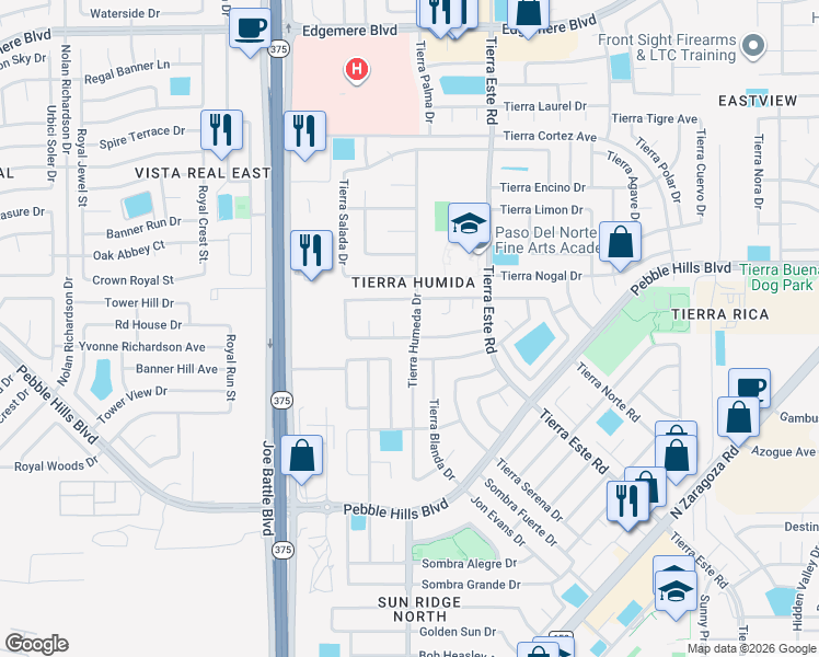 map of restaurants, bars, coffee shops, grocery stores, and more near 2389 Tierra Humeda Drive in El Paso