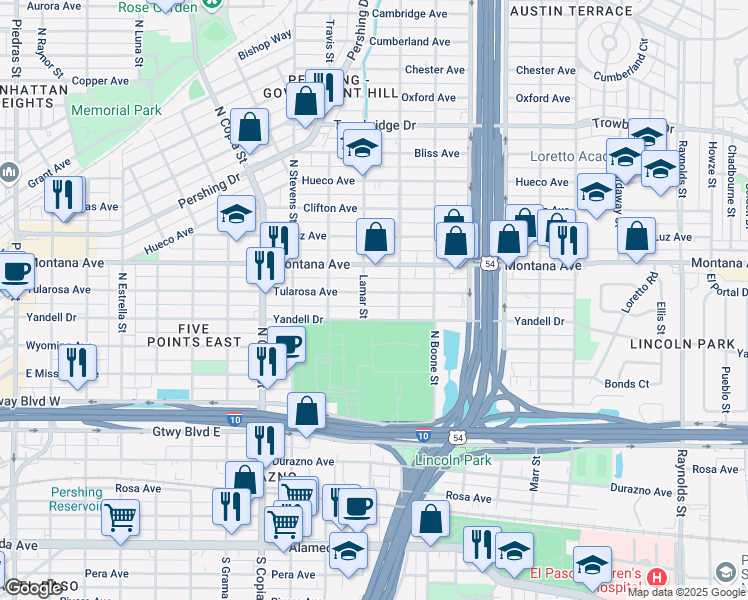 map of restaurants, bars, coffee shops, grocery stores, and more near 3909 Yandell Drive in El Paso