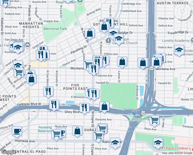 map of restaurants, bars, coffee shops, grocery stores, and more near 804 North Copia Street in El Paso