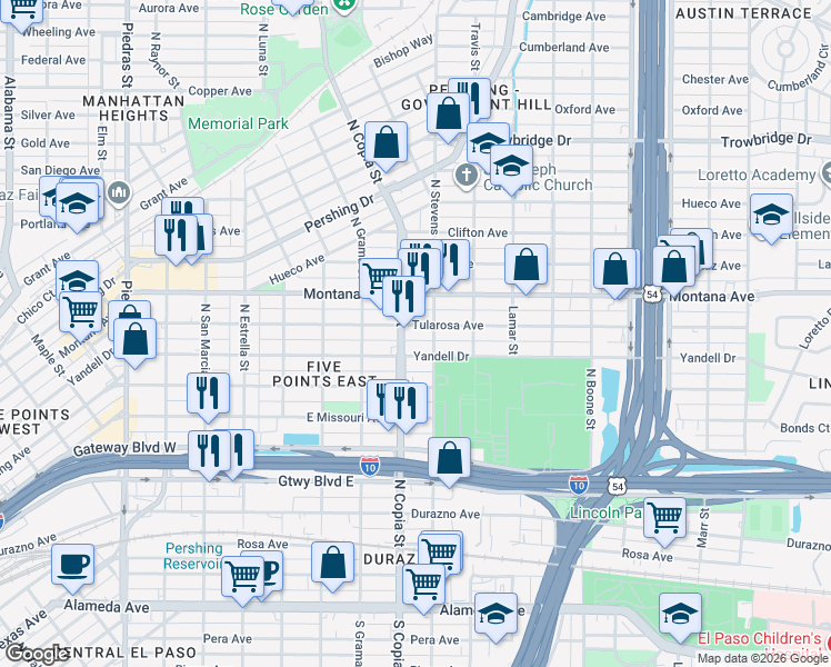 map of restaurants, bars, coffee shops, grocery stores, and more near 804 North Copia Street in El Paso