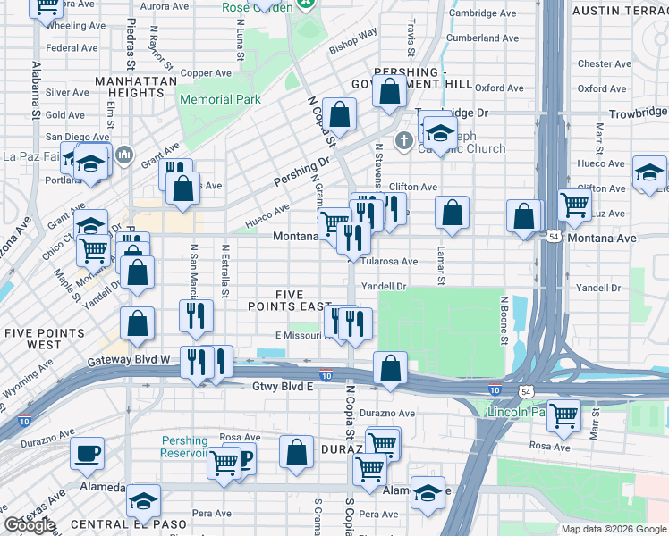 map of restaurants, bars, coffee shops, grocery stores, and more near 3505 Yandell Drive in El Paso