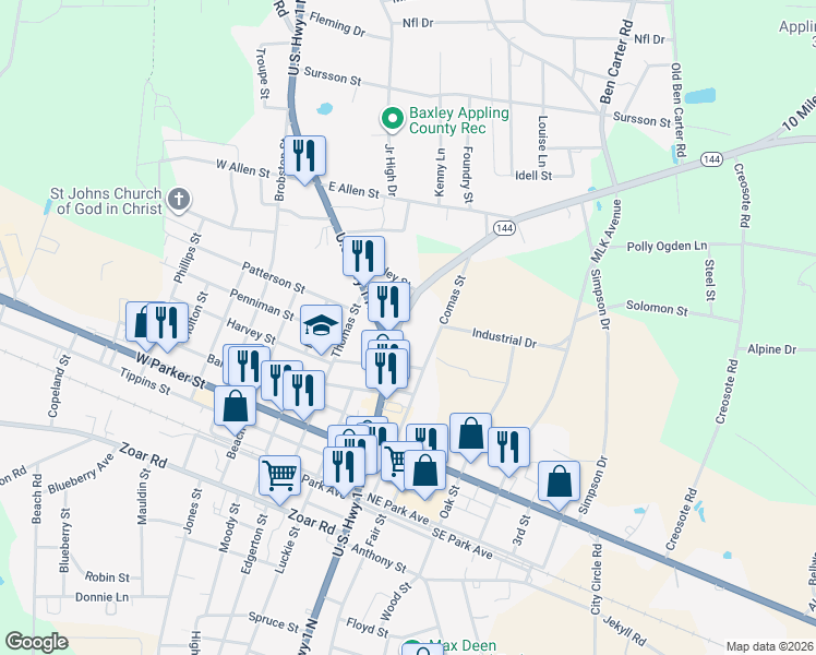 map of restaurants, bars, coffee shops, grocery stores, and more near 402-498 N Main St in Baxley