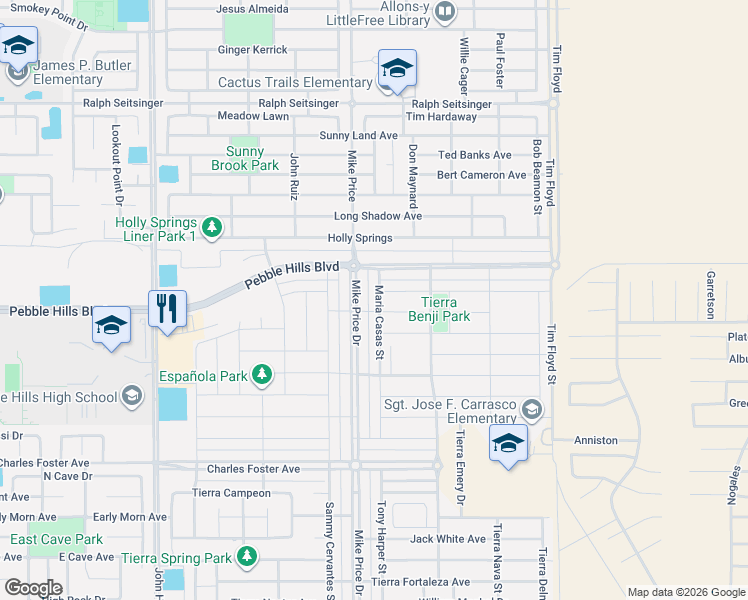 map of restaurants, bars, coffee shops, grocery stores, and more near 14701 Tierra Garcia Drive in El Paso