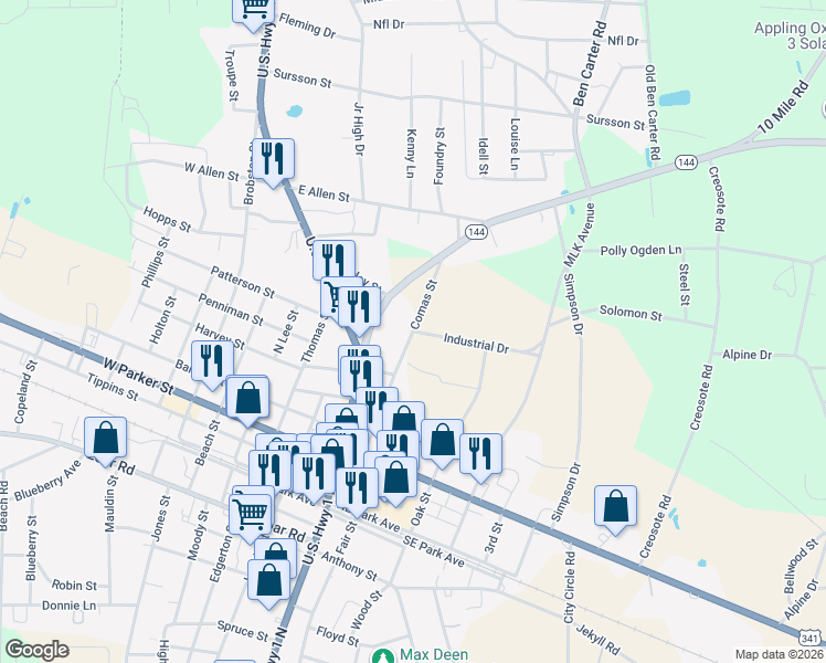 map of restaurants, bars, coffee shops, grocery stores, and more near 401 Comas Street in Baxley